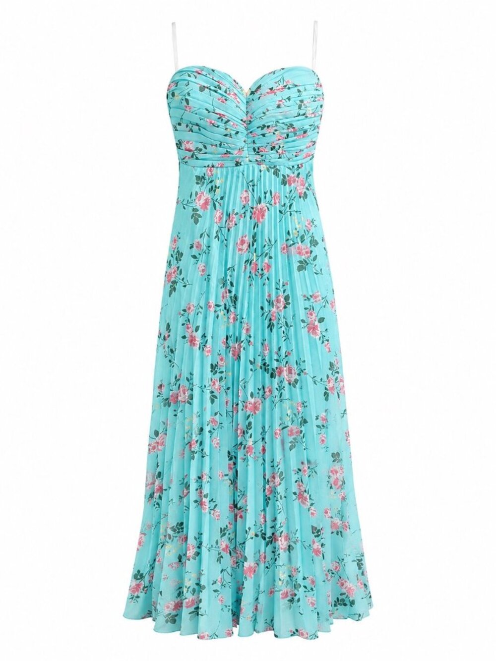 Floral Turquoise Pleated Maxi Dress Ruched Bust Adjustable Straps Size XL